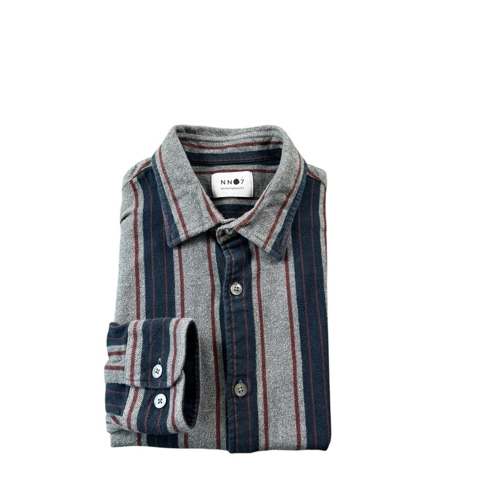 NN07 No Nationality Gray blue Red Striped‎ Cotton Flannel Size Medium